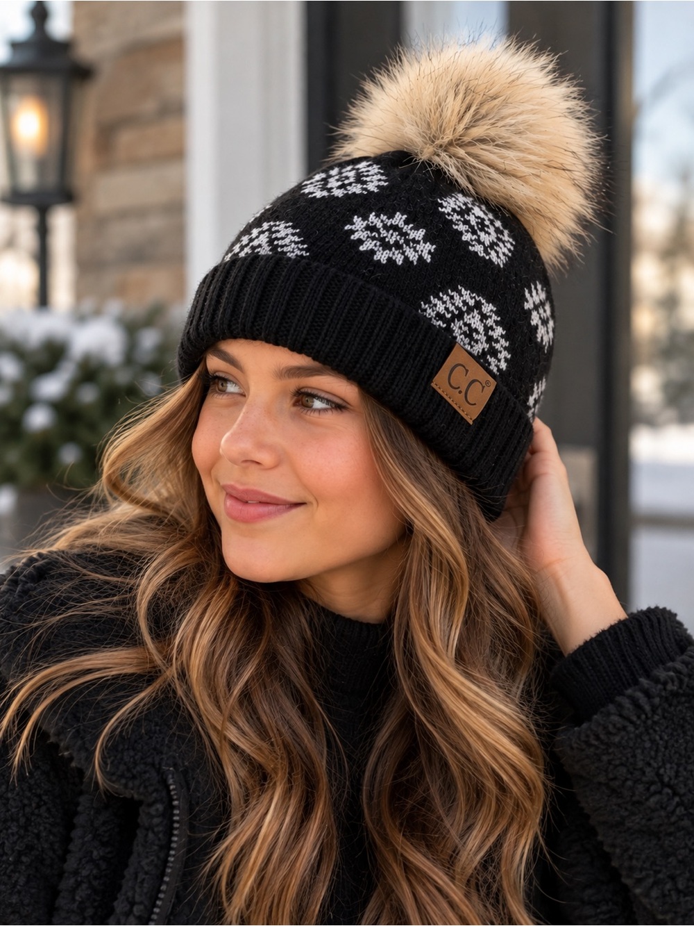 C.C Beanie Hat 3864 Black Pattern Faux Fur Pom New With Tags